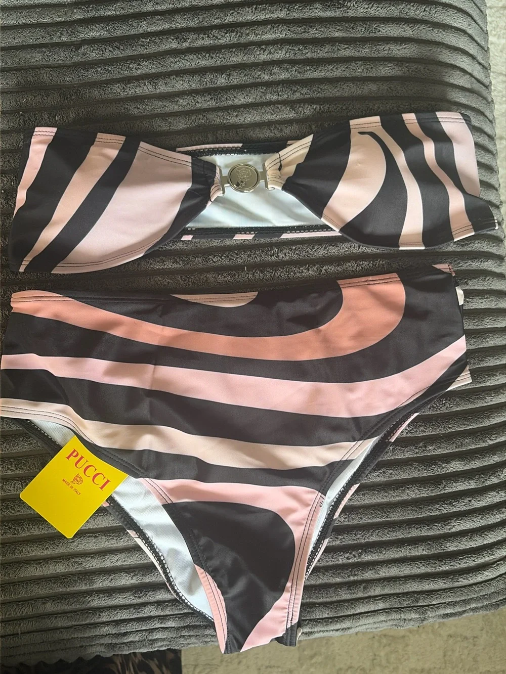 Emilio Pucci Pink and Black Wave-Print Bandeau Bikini Set